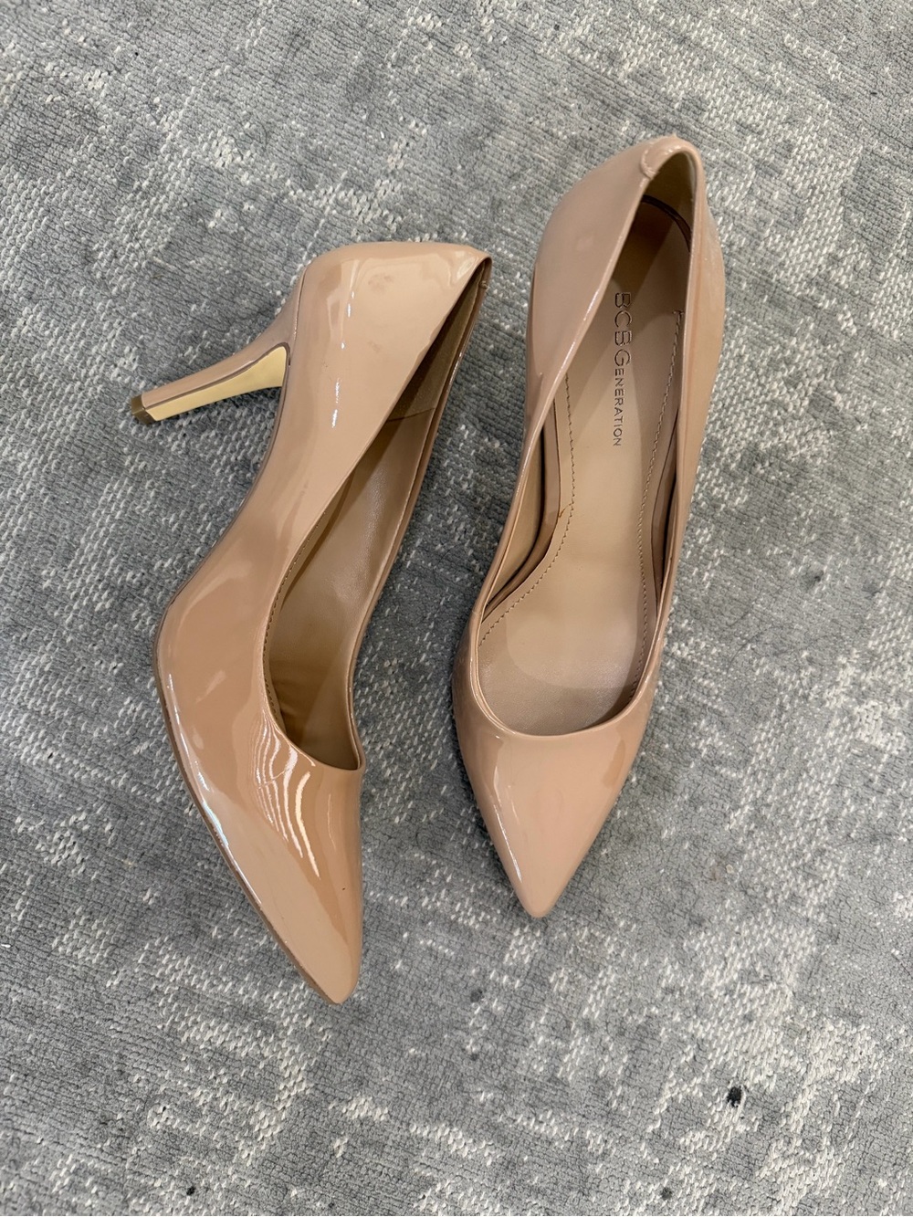 BCBGeneration Nude/Beige Man-made Patent Pointed-Toe Pumps